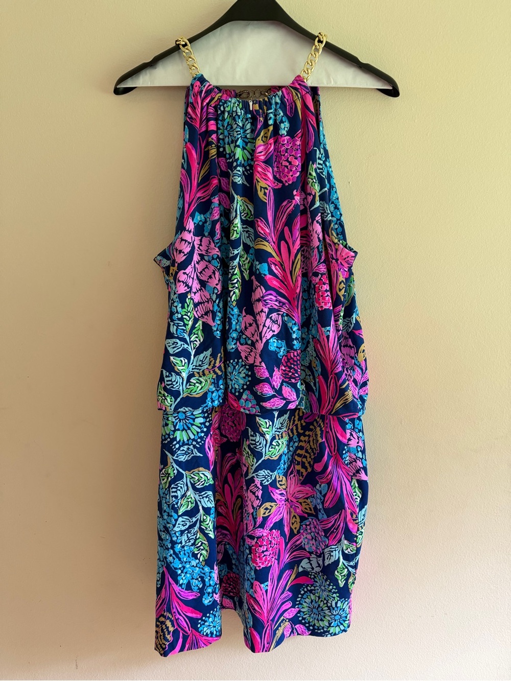 Sleeveless Halter Dress with Bright Floral Print in Navy and Pink